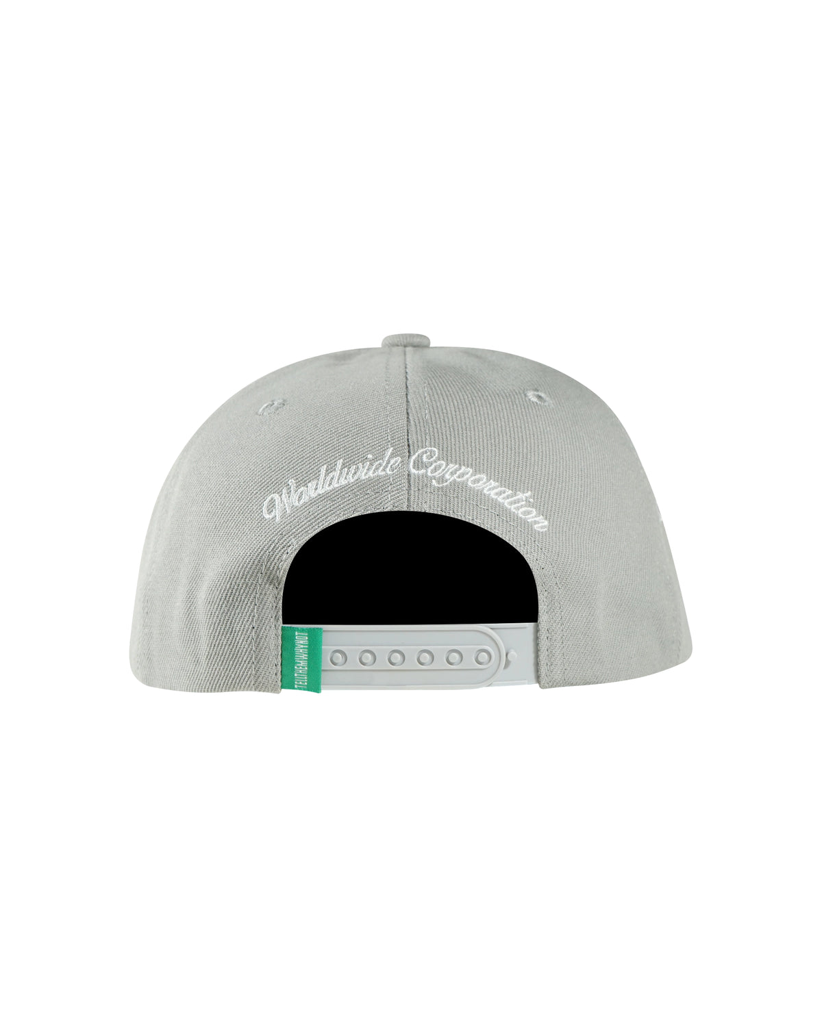 Grey snapback cap with Whynot NY typography back view - tell them why not