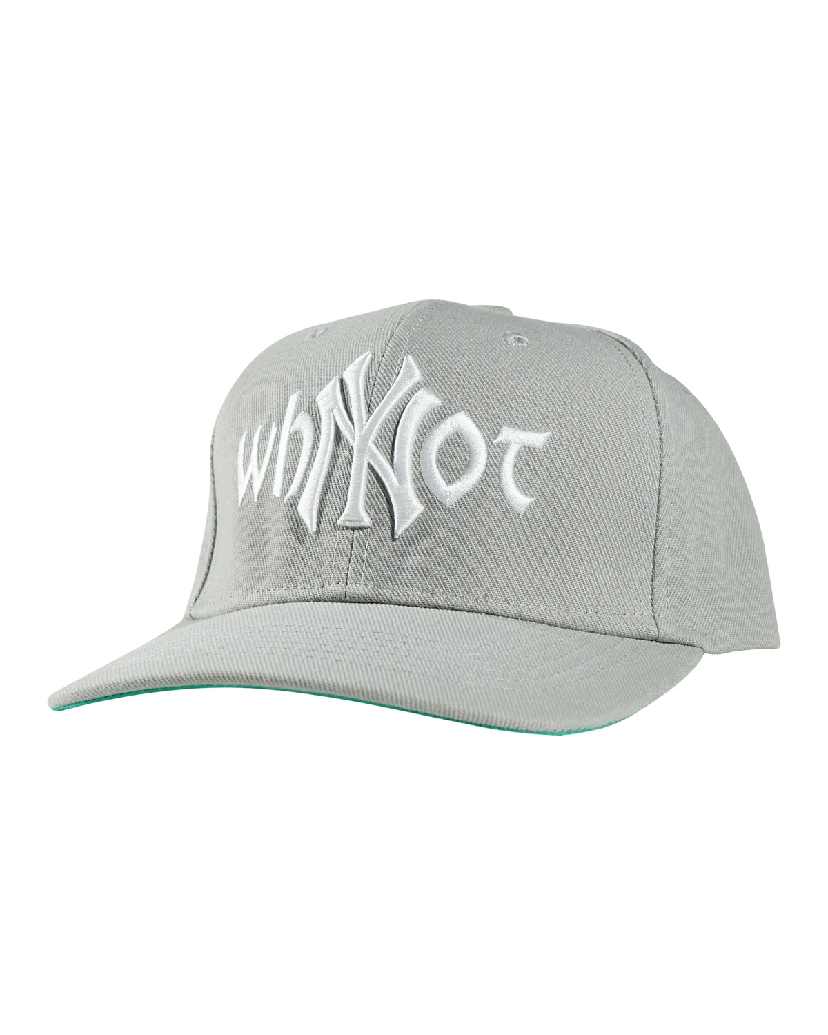 Grey snapback cap with Whynot NY typography and embroidered logo front three quarter front view - tell them why not