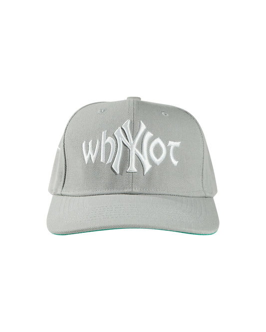 Grey snapback cap with Whynot NY typography and embroidered logo front view - tell them why not