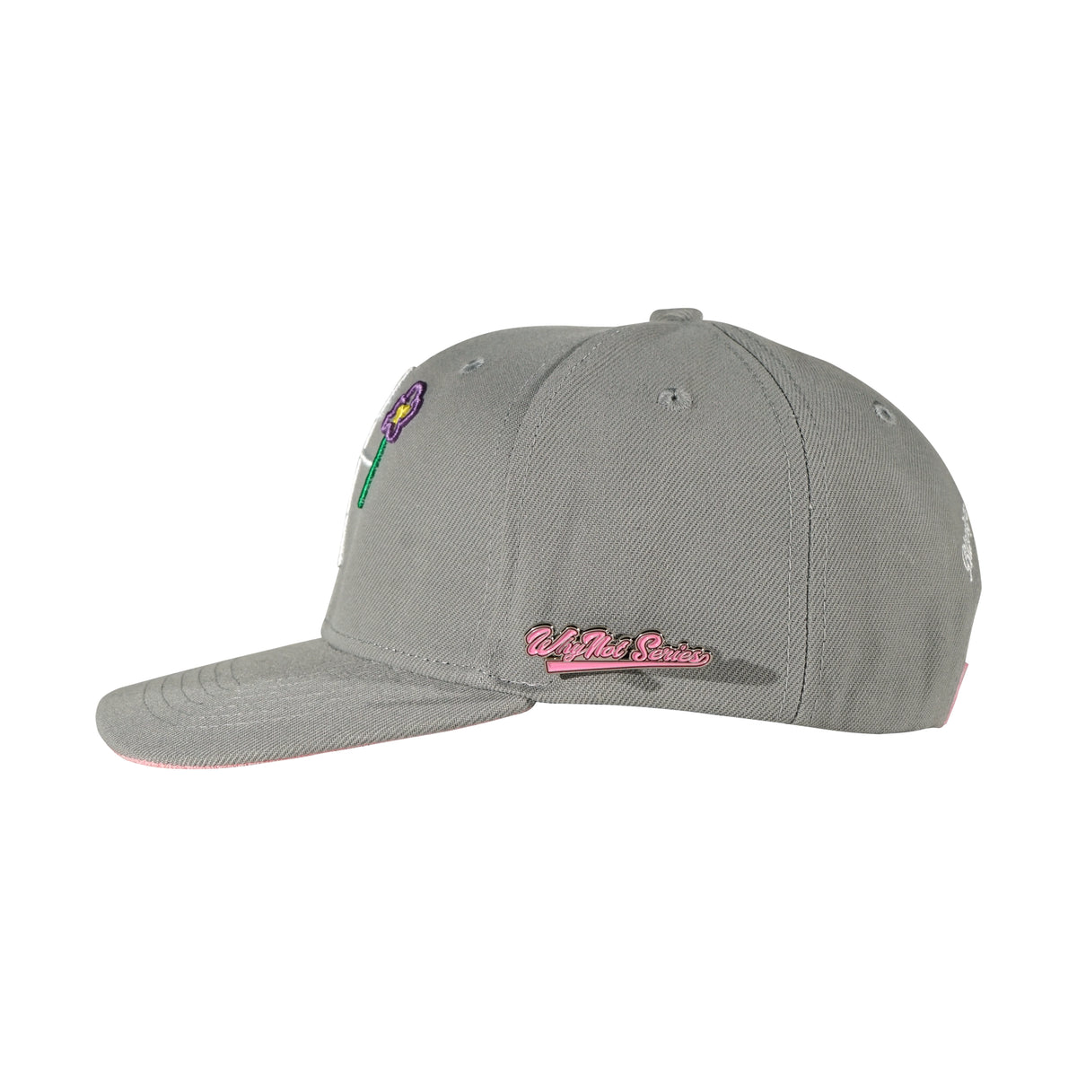Grey snapback cap left side view with Whynot Series pins - tell them why not