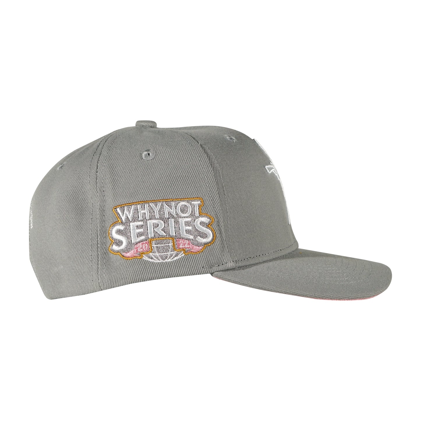 Grey snapback cap with Whynot Series right side embroidery view - tell them why not