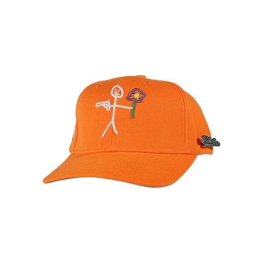 Orange snapback cap with embroidered stickman logo three quarter front view - tell them why not