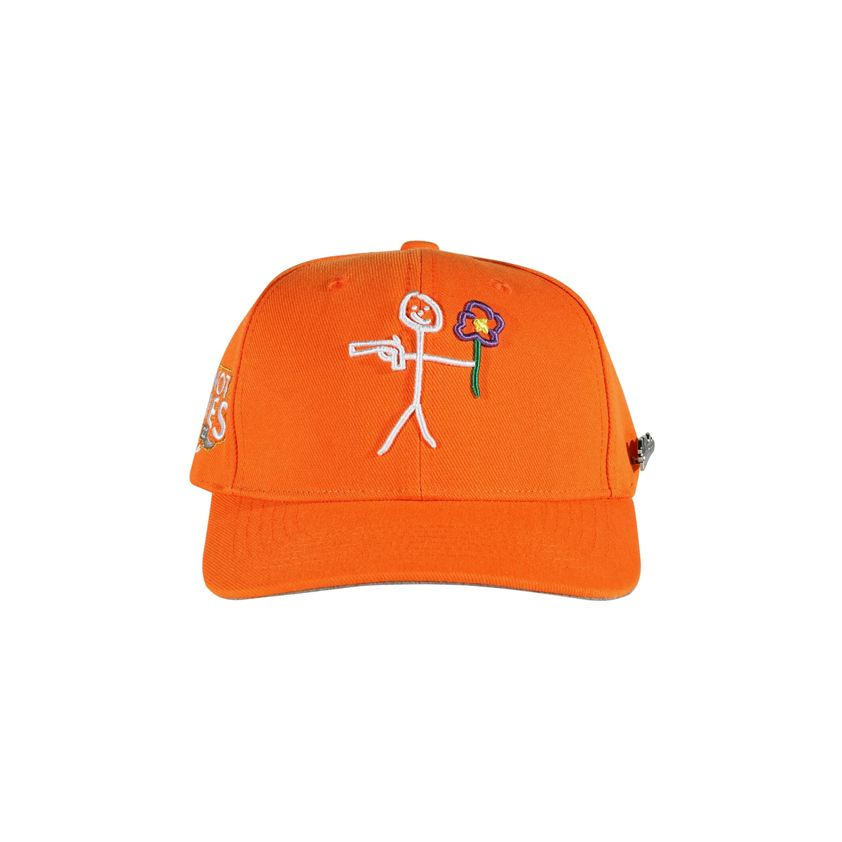 Orange snapback cap with embroidered stickman gun and flower logo front view - tell them why not