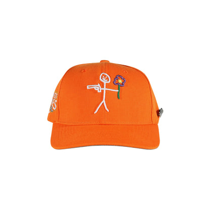 Orange snapback cap with embroidered stickman gun and flower logo front view - tell them why not