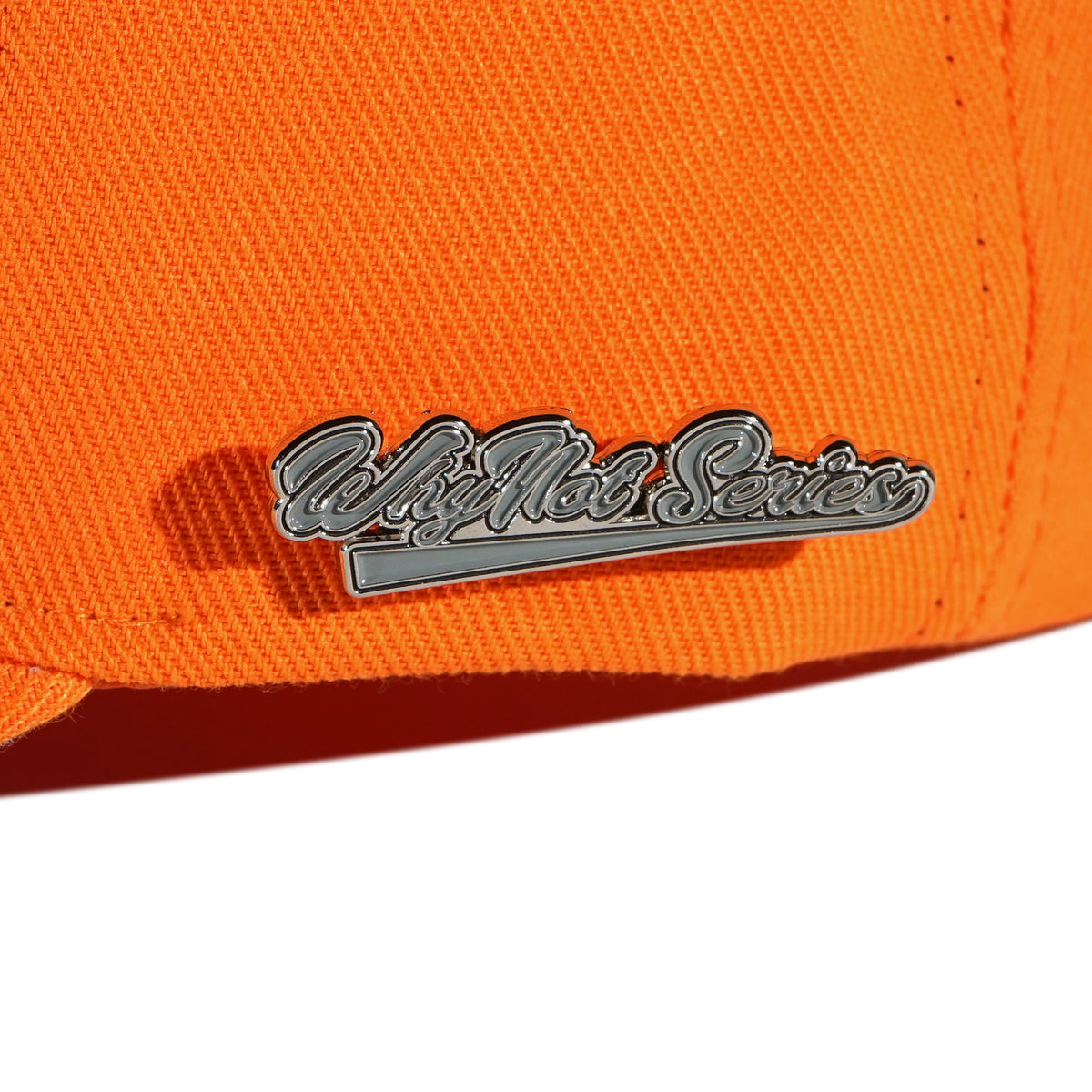 Whynot Series metal pins detail on orange snapback cap - tell them why not