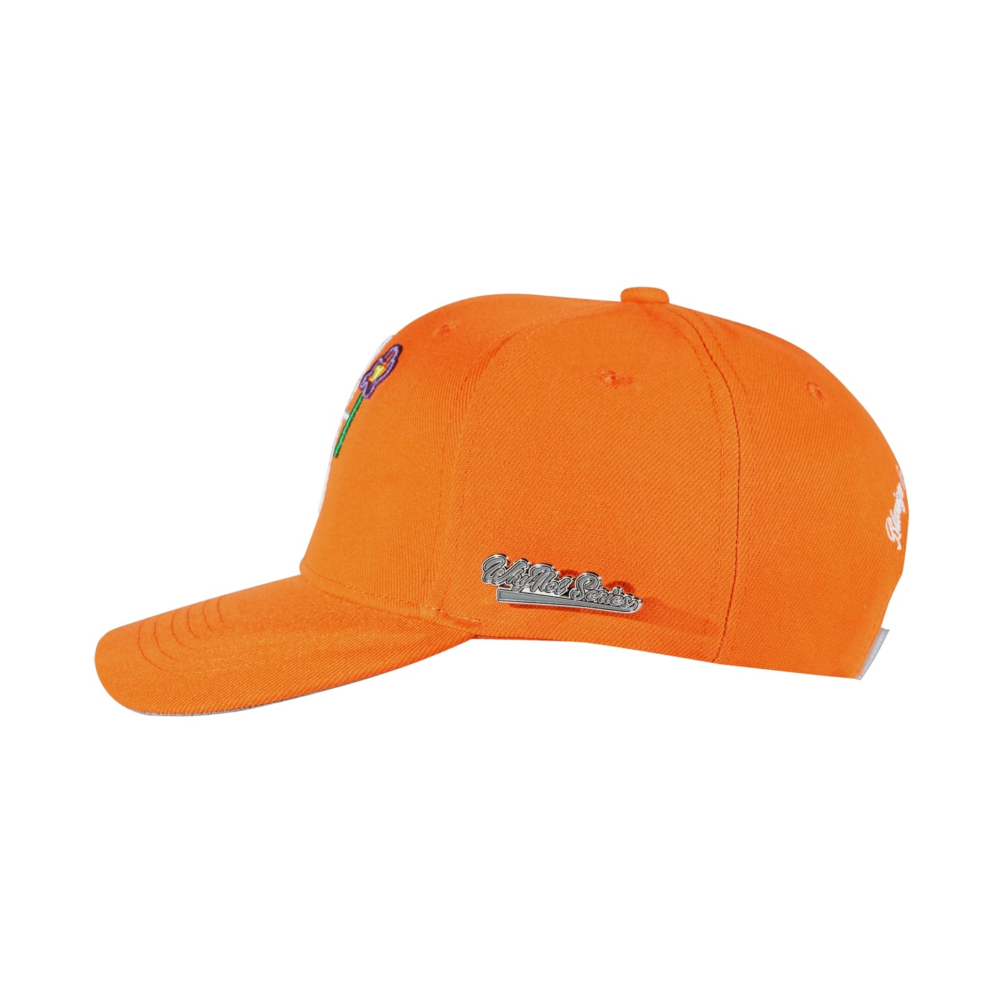 Orange snapback cap left side view with Whynot Series pins - tell them why not