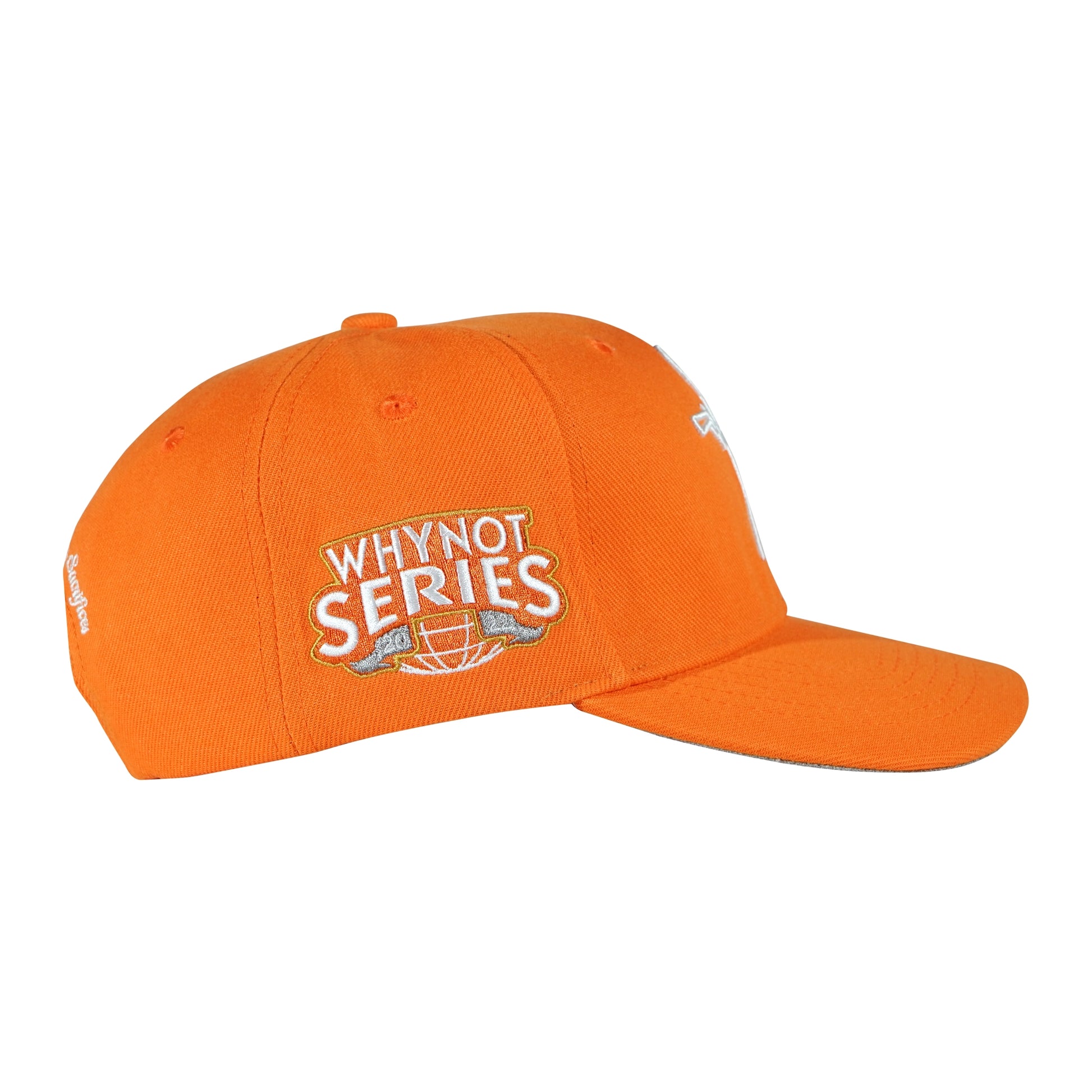 Orange snapback cap with Whynot Series side embroidery patch view - tell them why not