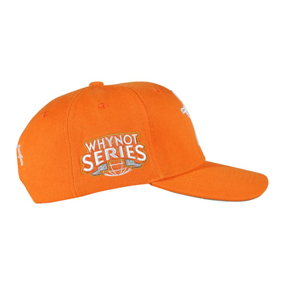 Orange snapback cap with Whynot Series side embroidery patch view - tell them why not