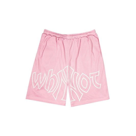 Pink mesh shorts with Whynot NY typography front view - tell them why not