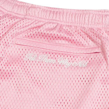 Pink mesh stickman shorts back embroidery close-up - Tell Them Why Not