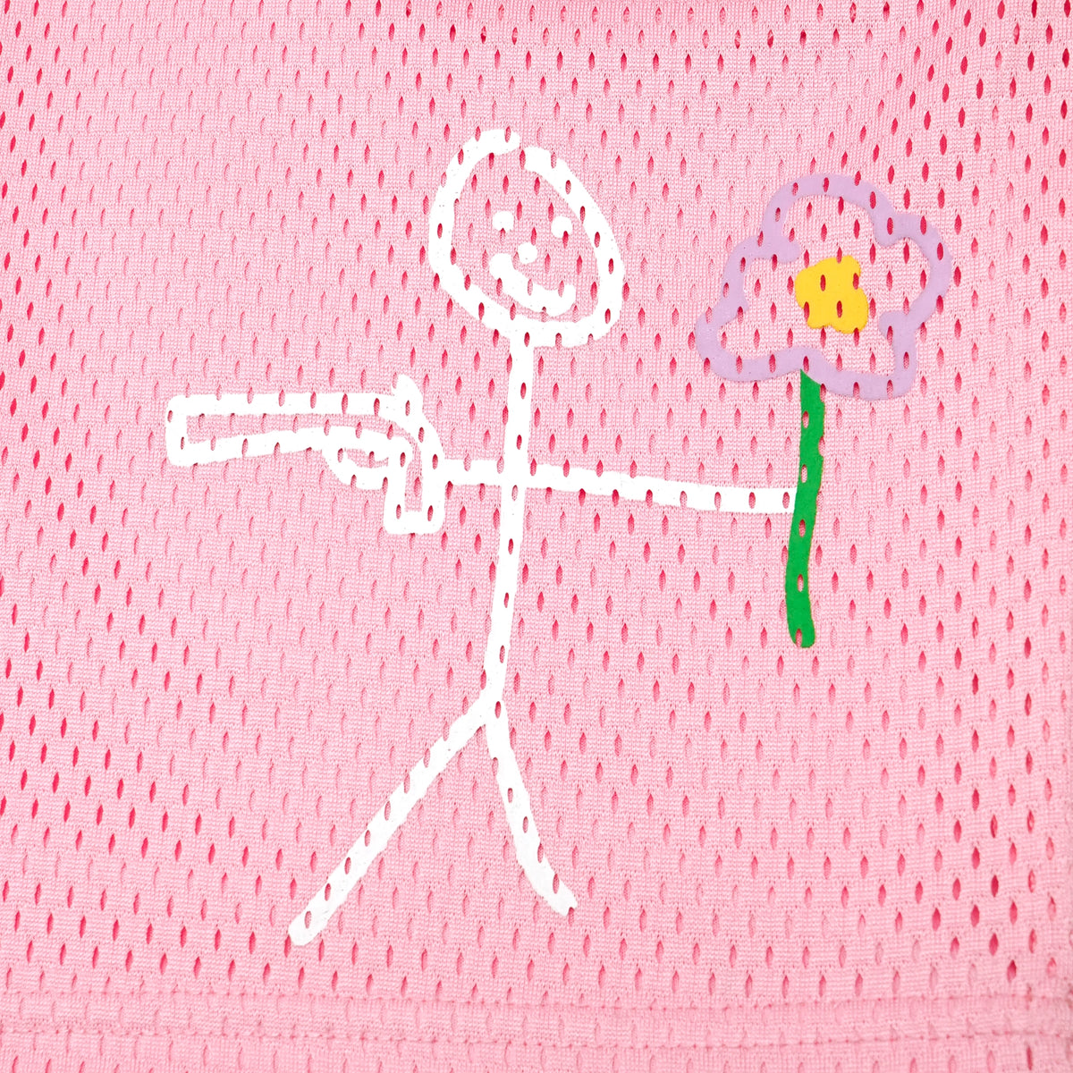 Pink mesh stickman shorts front screen printing close-up - Tell Them Why Not 