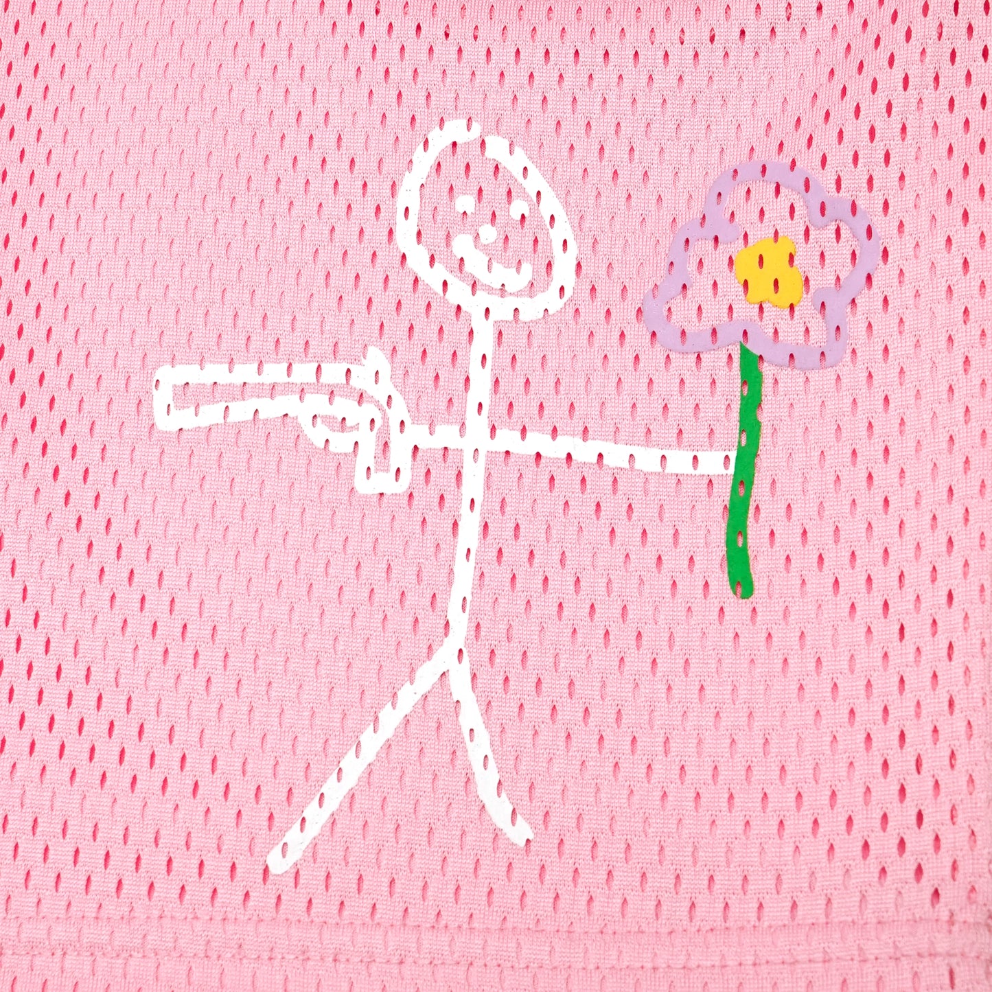 Pink mesh stickman shorts front screen printing close-up - Tell Them Why Not 