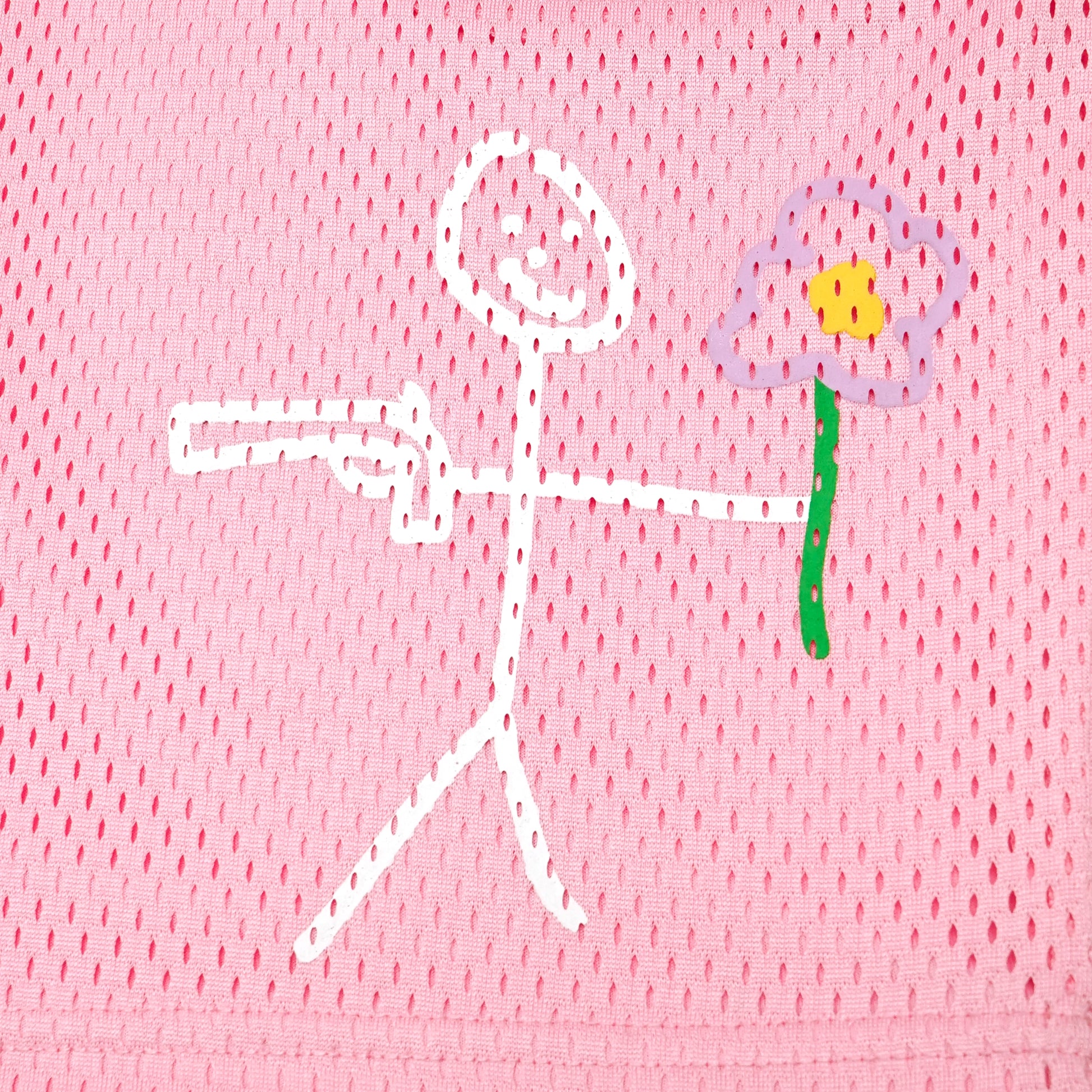 Pink mesh stickman shorts front screen printing close-up - Tell Them Why Not 
