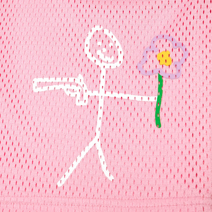 Pink mesh stickman shorts front screen printing close-up - Tell Them Why Not 