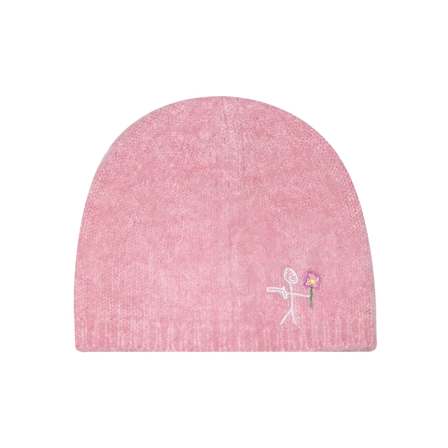 Pink Mohair beanies NY logo embroidery back view - tell them why not