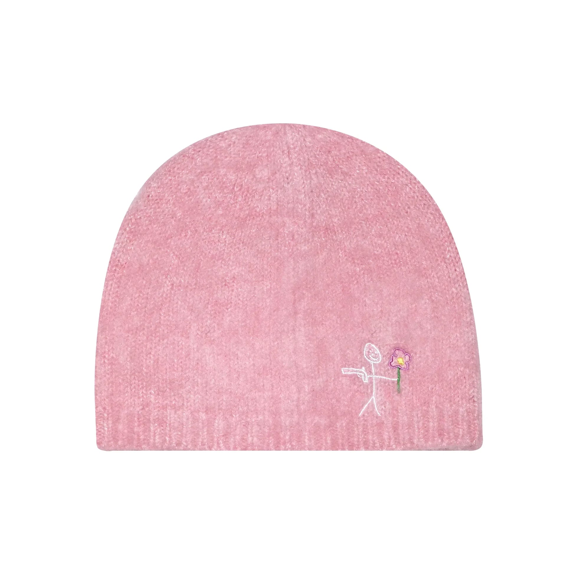 Pink Mohair beanies NY logo embroidery back view - tell them why not