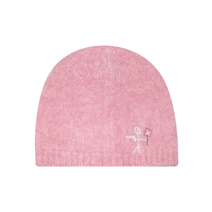 Pink Mohair beanies NY logo embroidery back view - tell them why not