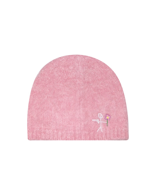 Pink Mohair beanies NY logo embroidery back view - tell them why not