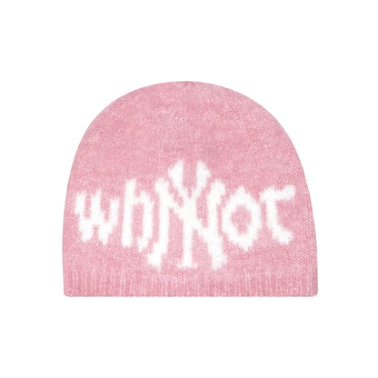 Pink Mohair beanies NY front view - tell them why not