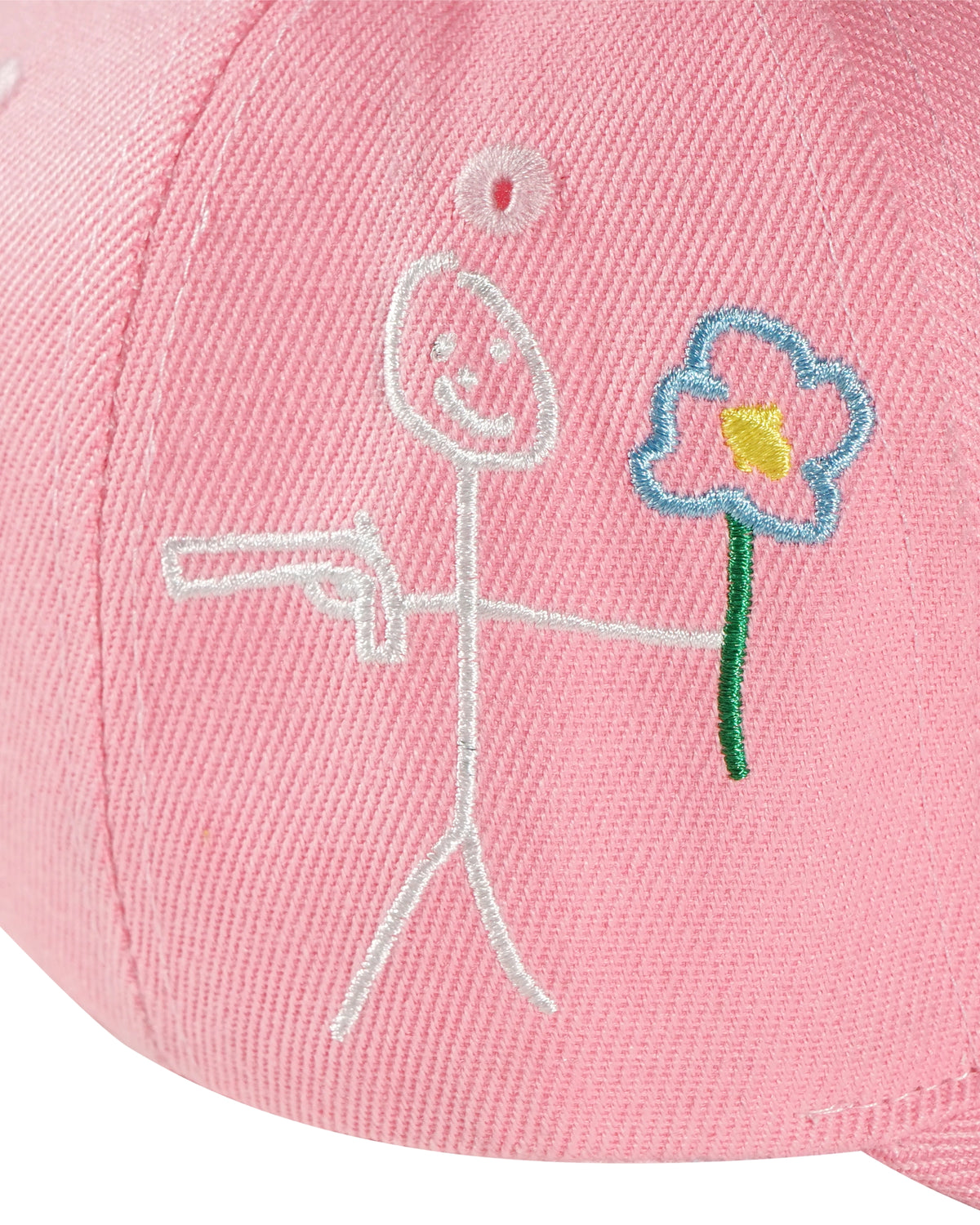Embroidered stickman logo side detail on pink snapback cap - tell them why not