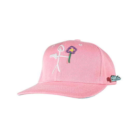 Pink snapback cap with embroidered stickman logo three quarter front view - tell them why not