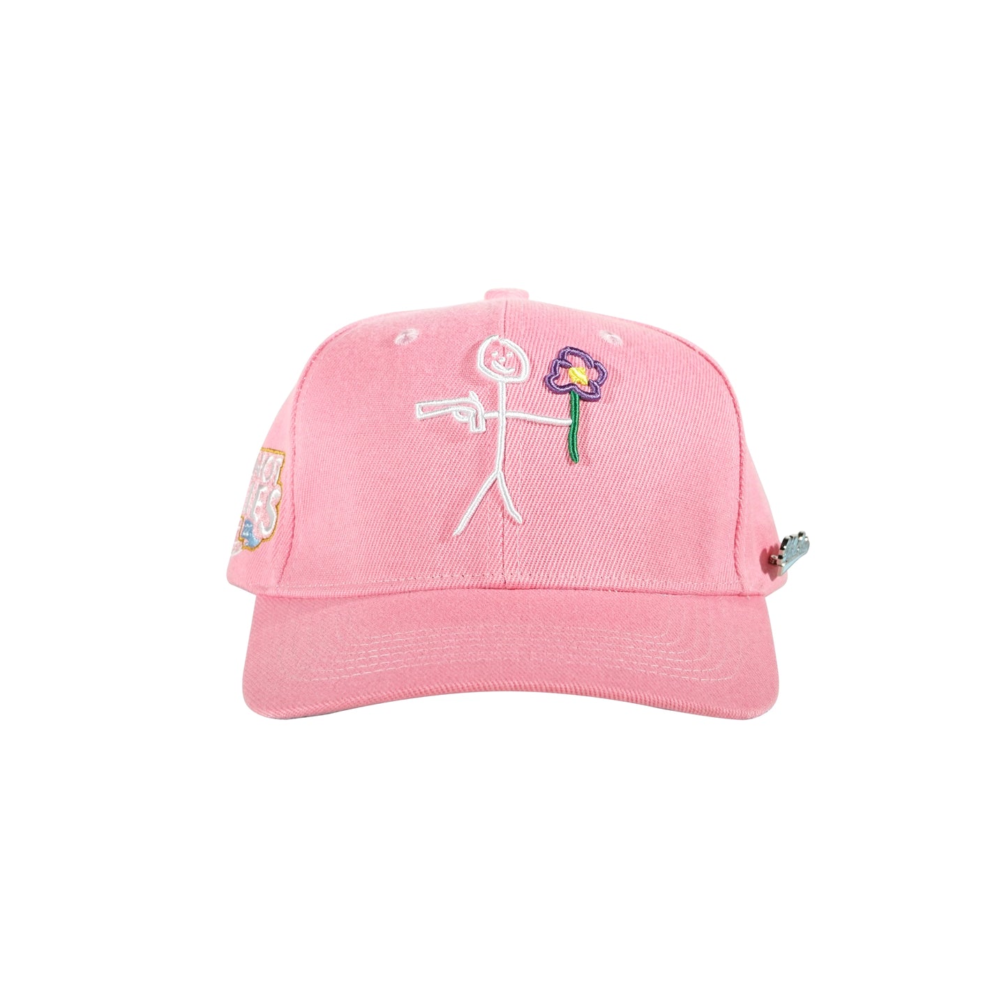 Pink snapback cap with embroidered stickman gun and flower logo front view - tell them why not