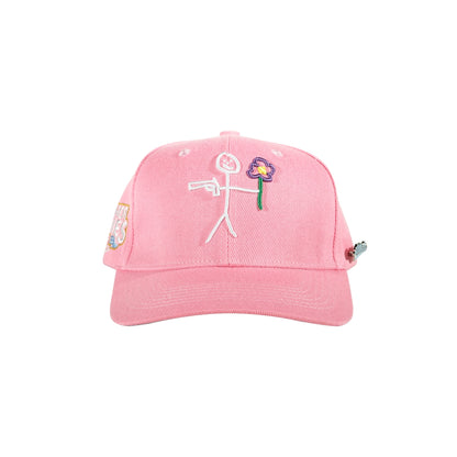 Pink snapback cap with embroidered stickman gun and flower logo front view - tell them why not