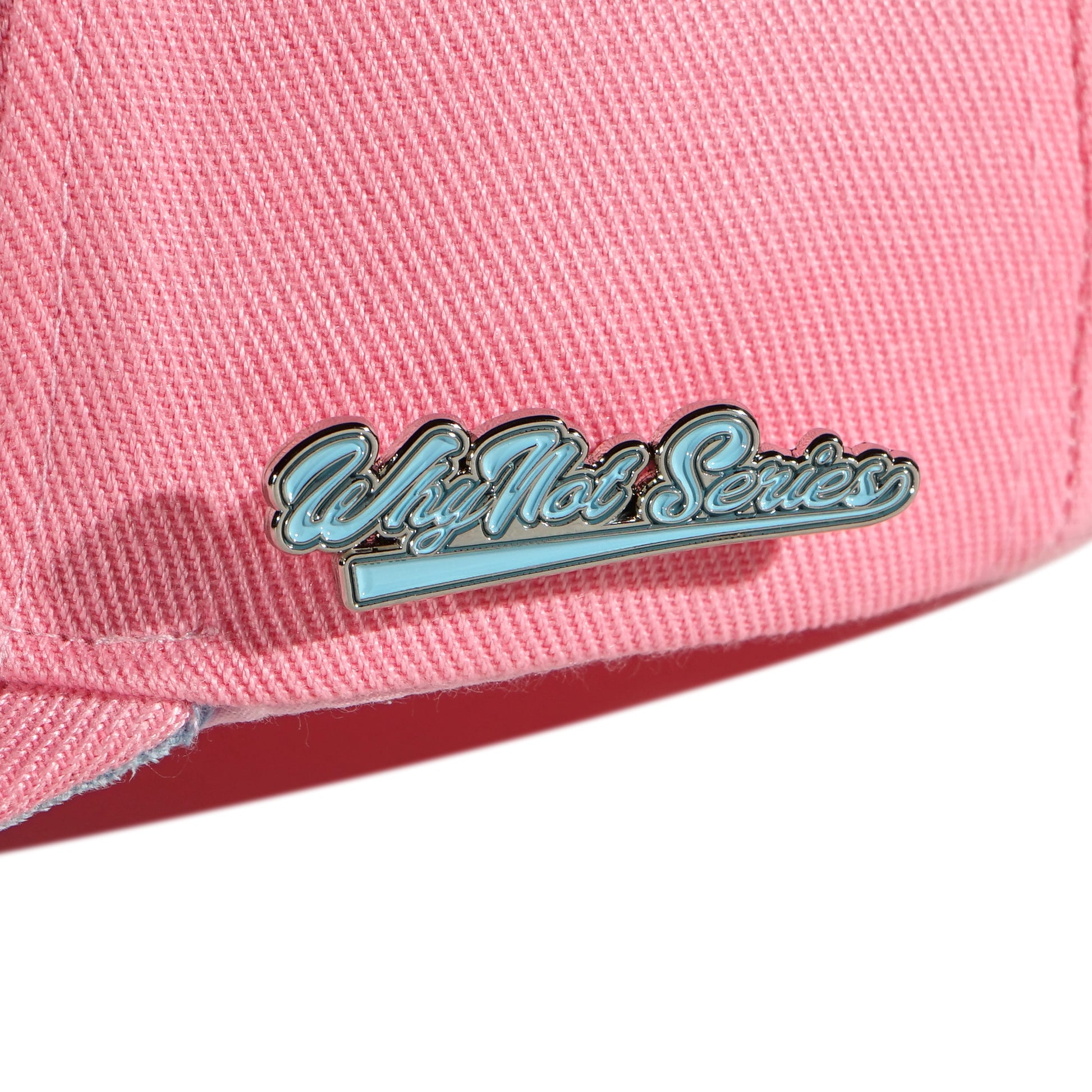 Whynot Series metal pins detail on pink snapback cap - tell them why not