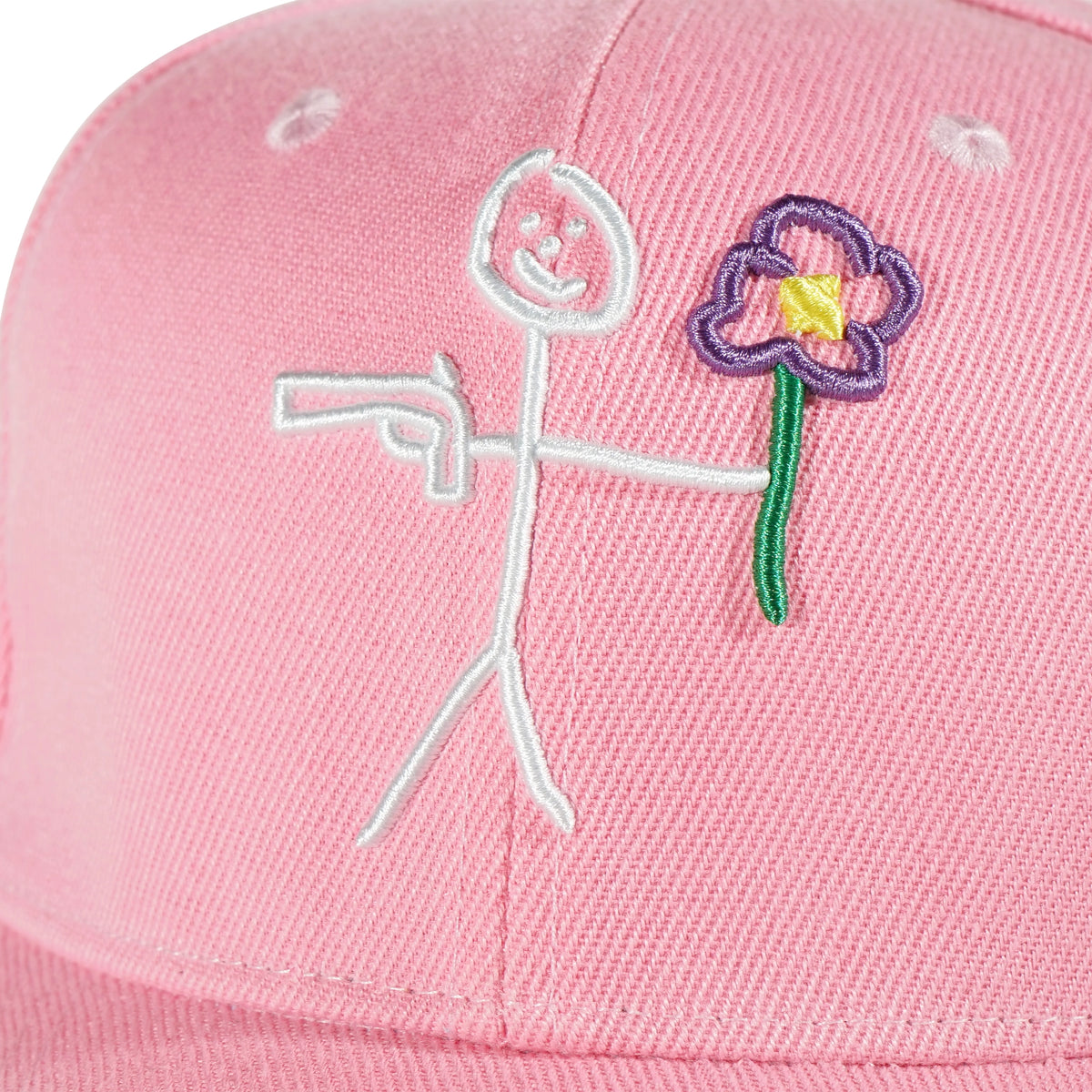 Embroidered stickman logo detail on pink snapback cap - tell them why not