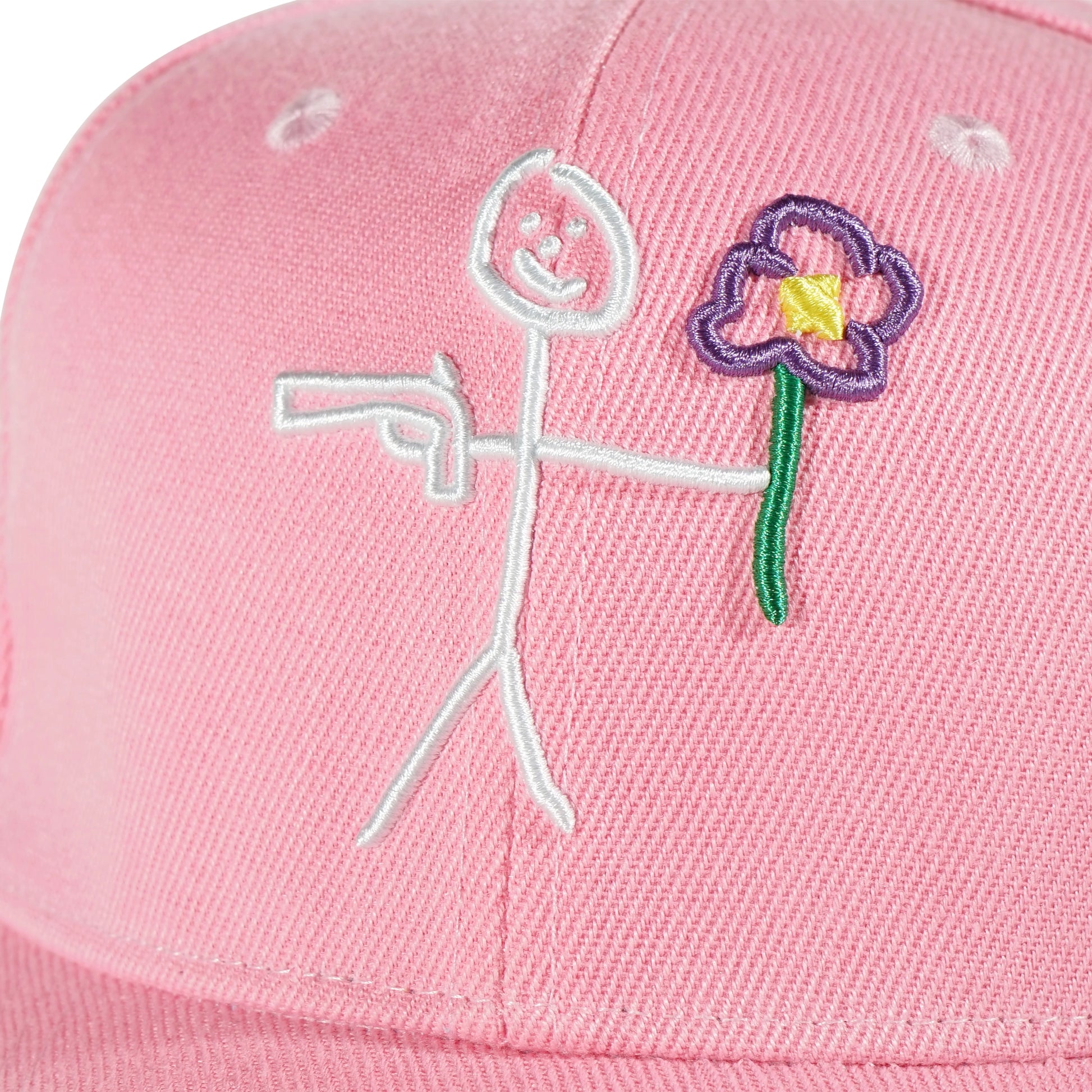 Embroidered stickman logo detail on pink snapback cap - tell them why not