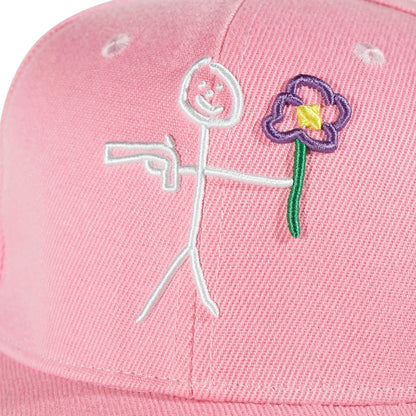 Embroidered stickman logo detail on pink snapback cap - tell them why not