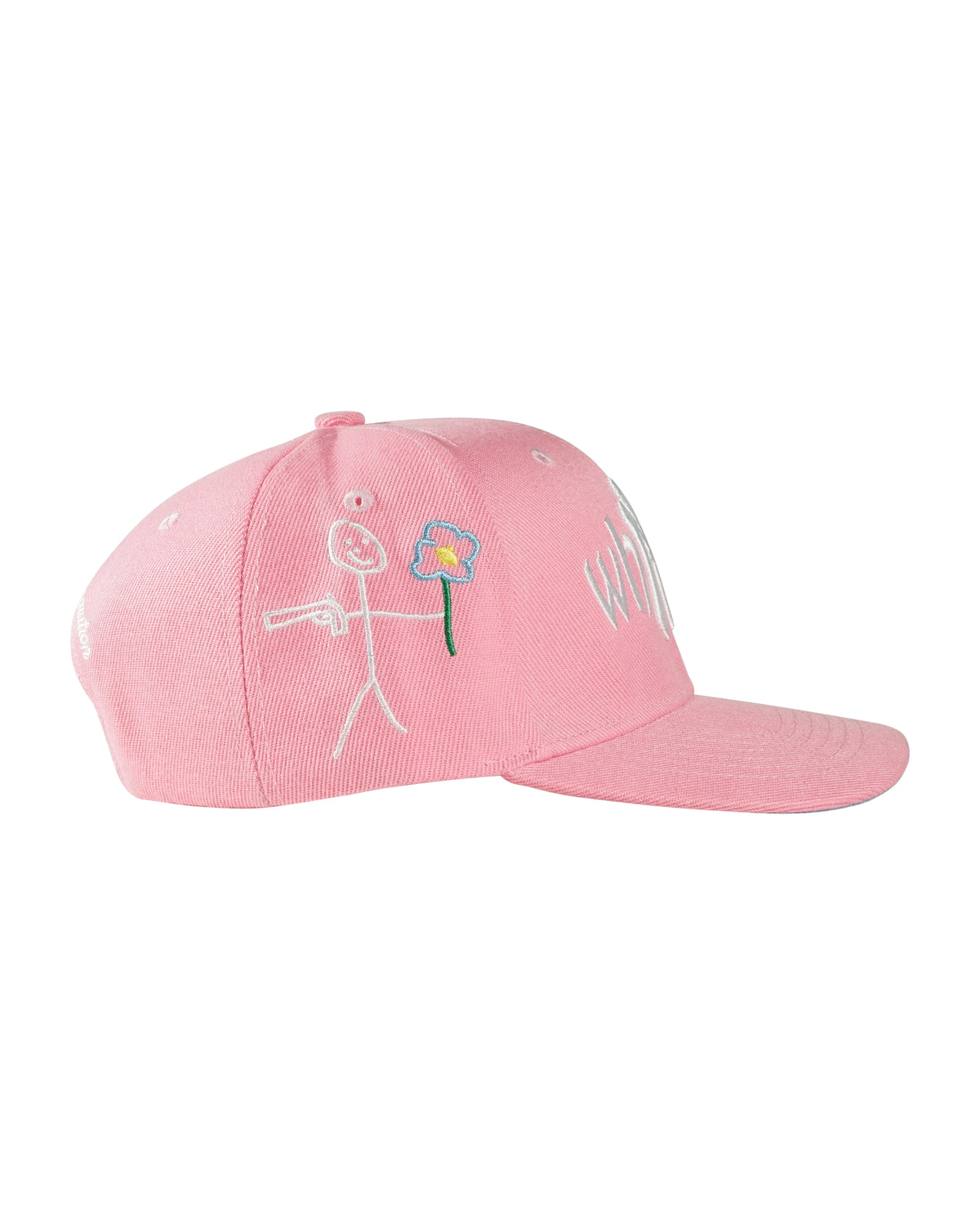 Pink snapback cap right side showing embroidered stickman logo detail - tell them why not