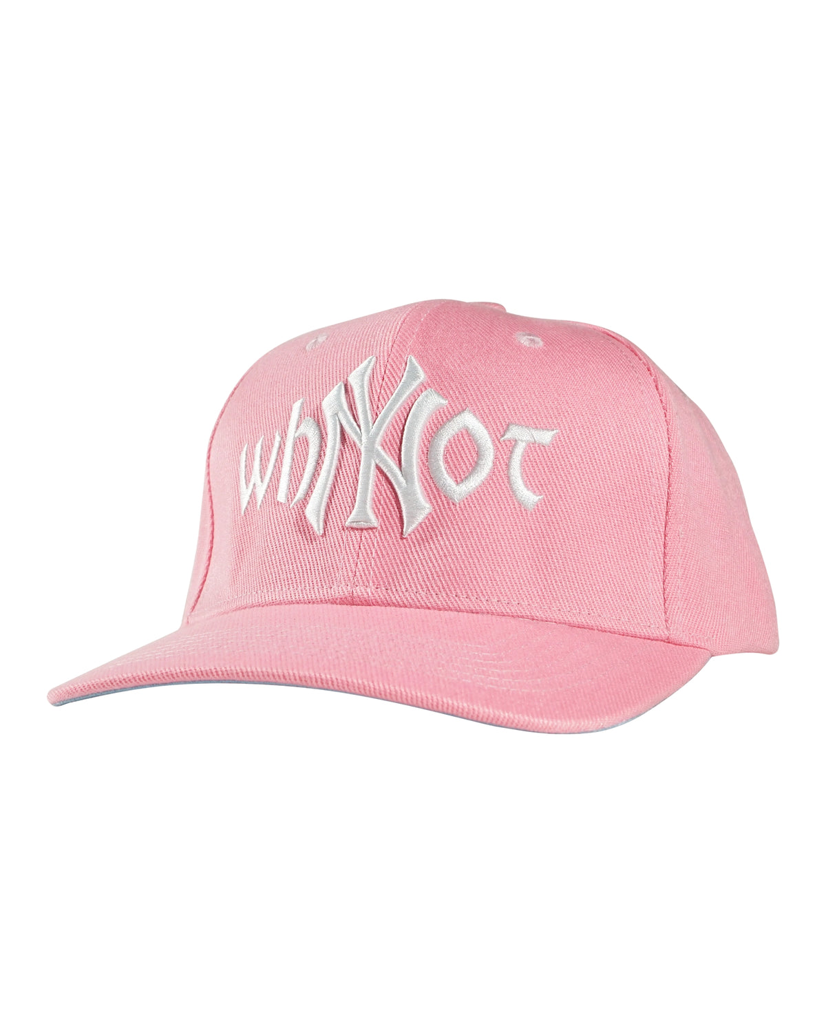 Pink snapback cap with Whynot NY typography and embroidered logo three quarter front view - tell them why not