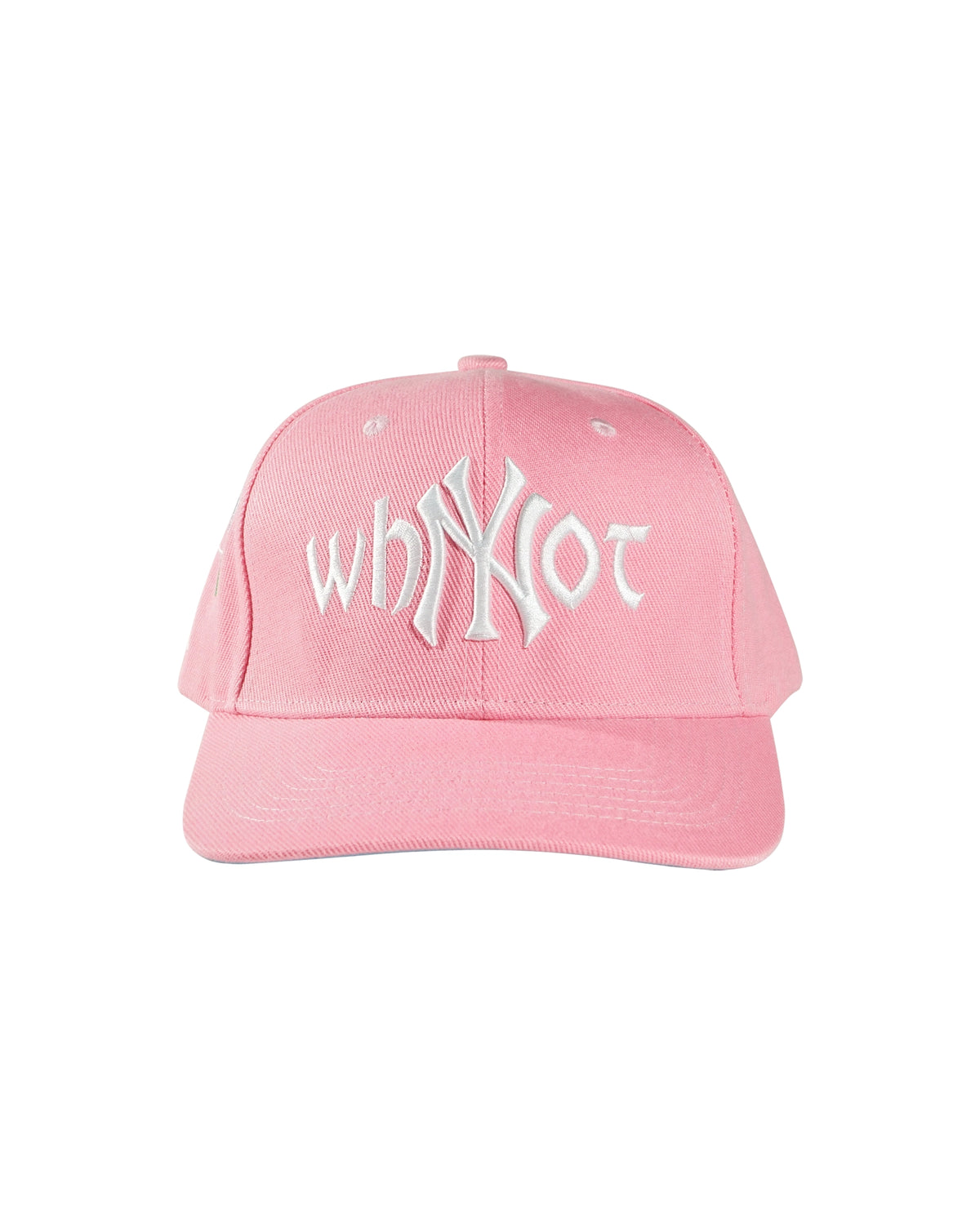 Pink snapback cap with Whynot NY typography and embroidered logo front view - tell them why not