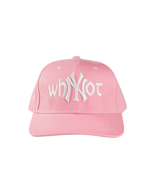 Pink snapback cap with Whynot NY typography and embroidered logo front view - tell them why not