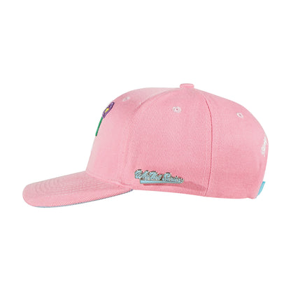 Pink snapback cap left side view with Whynot Series pins - tell them why not