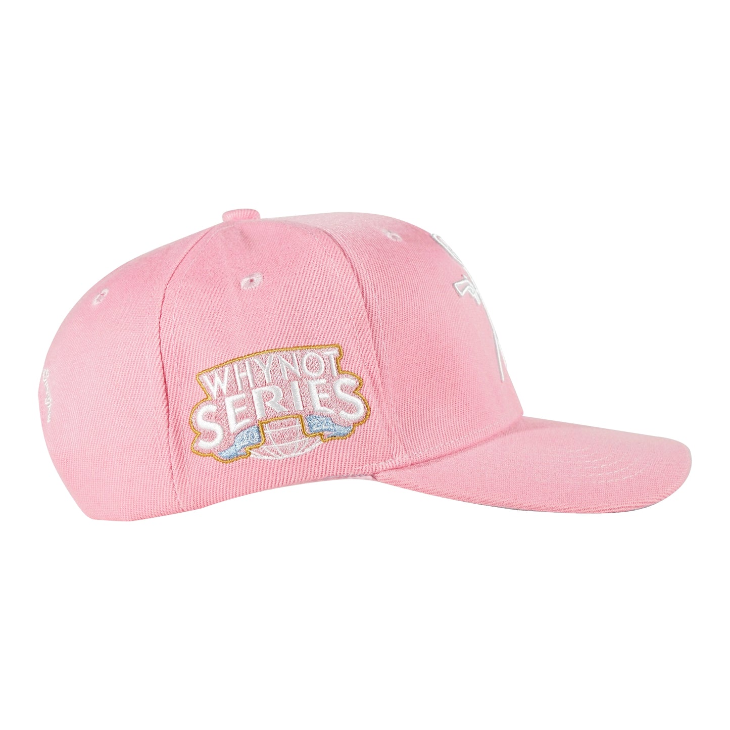 Pink snapback cap with Whynot Series side embroidery patch view - tell them why not
