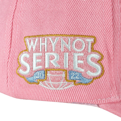 Whynot Series embroidery side detail on pink snapback cap - tell them why not