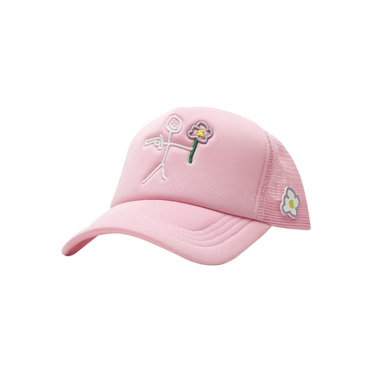 Pink trucker cap three quarter front view with embroidered stickman logo