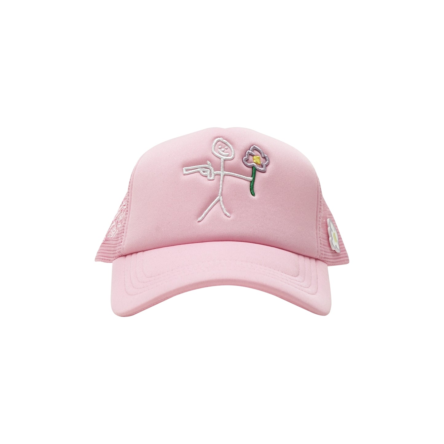 Pink trucker cap front view with embroidered stickman gun and flower logo