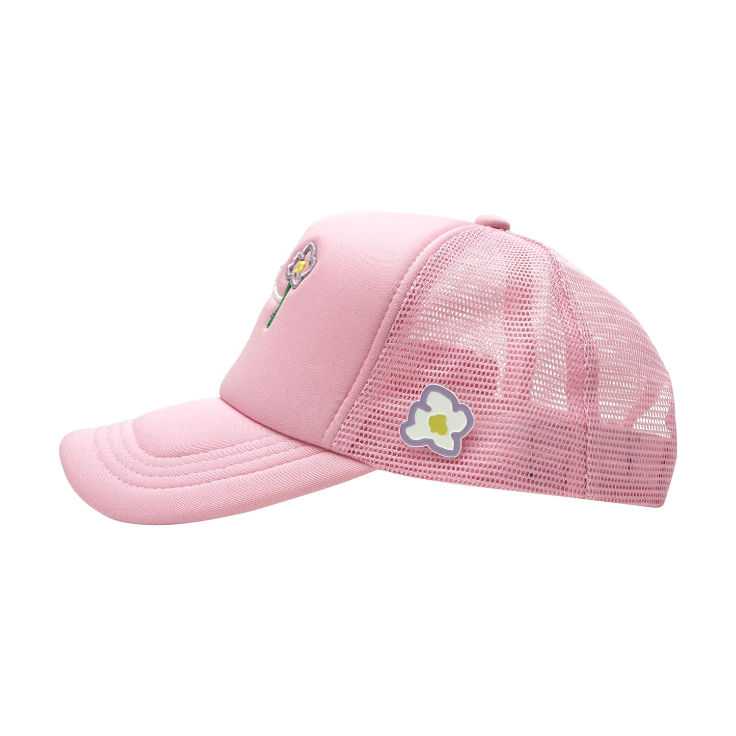 Pink trucker cap left side view with pins flower