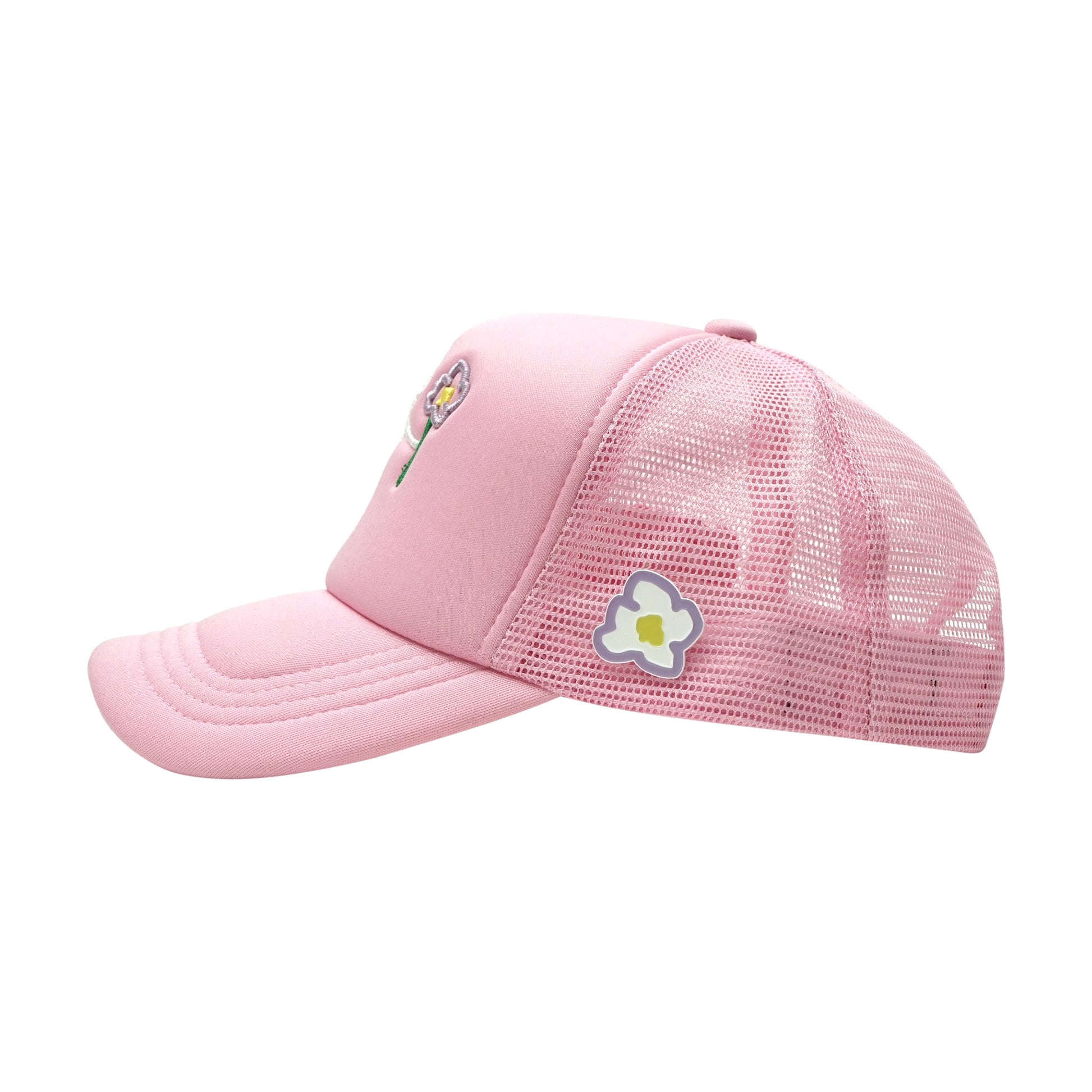 Pink trucker cap left side view with pins flower