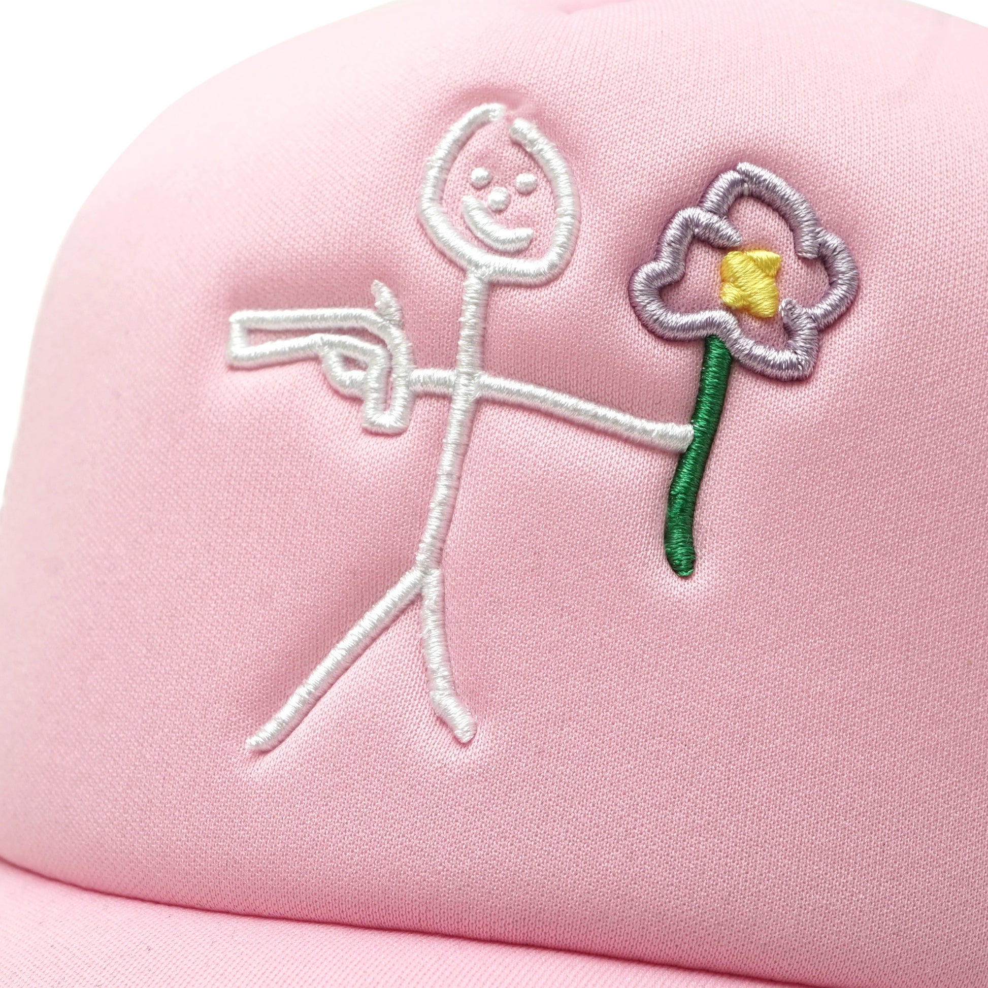 Embroidered stickman gun and flower logo front detail on pink trucker cap