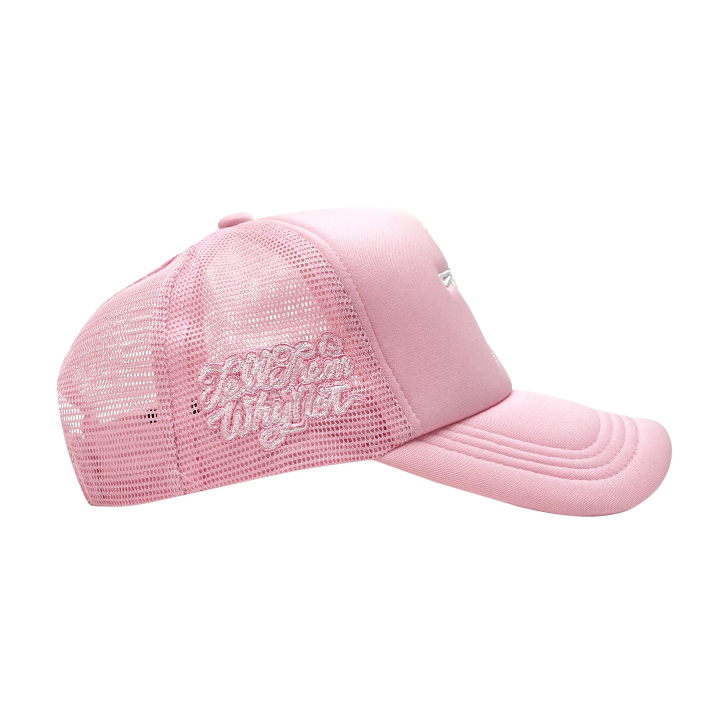 Pink trucker cap right side view with embroidered stickman logo & typography