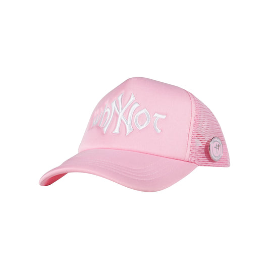 Pink trucker cap three quarter front view with Whynot NY typography