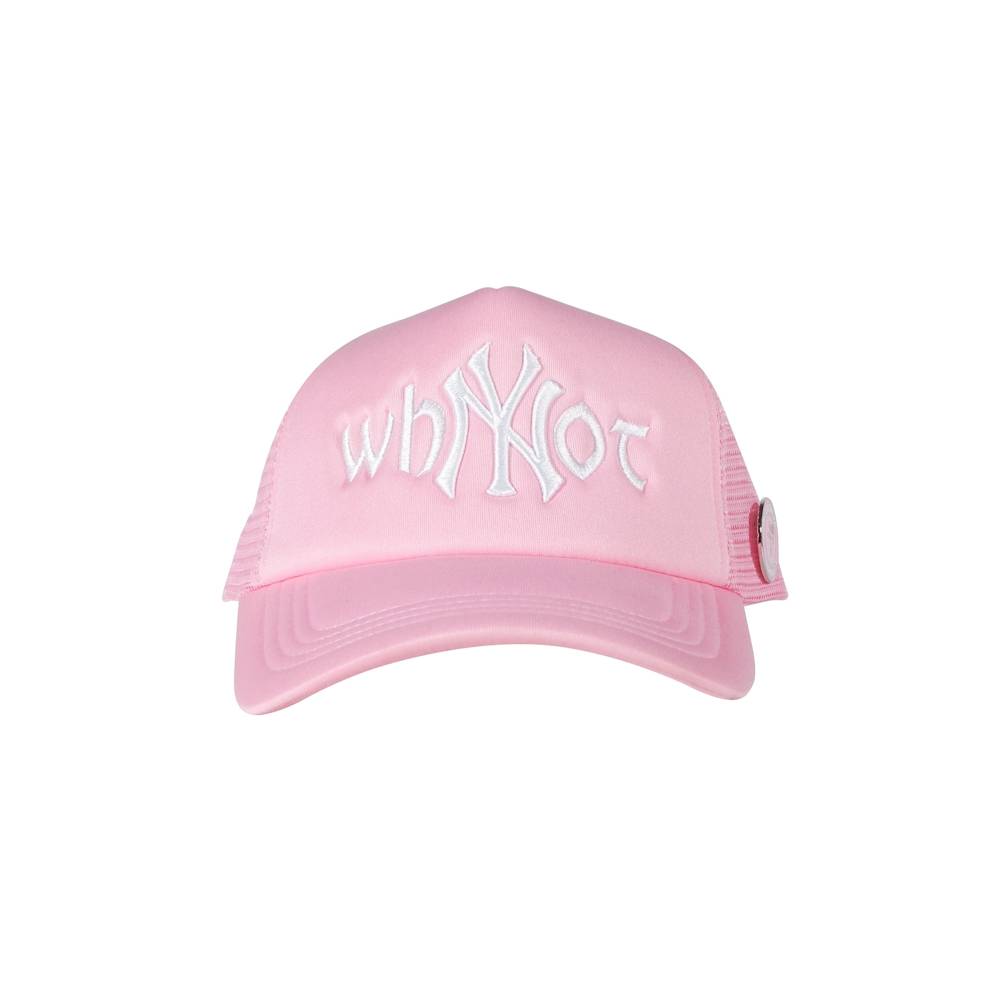 Pink trucker cap front view with Whynot NY typography and embroidered stickman 