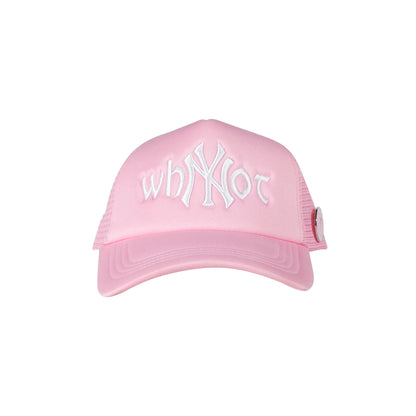 Pink trucker cap front view with Whynot NY typography and embroidered stickman 