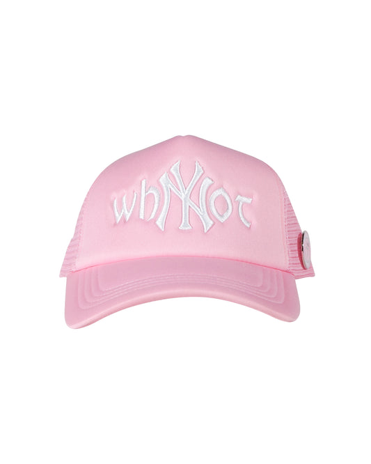 Pink trucker cap front view with Whynot NY typography and embroidered stickman 
