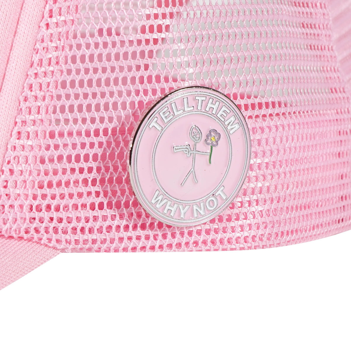 Whynot NY typography and left side pins detail on pink trucker cap