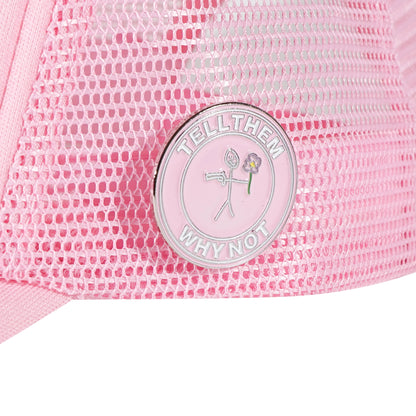 Whynot NY typography and left side pins detail on pink trucker cap